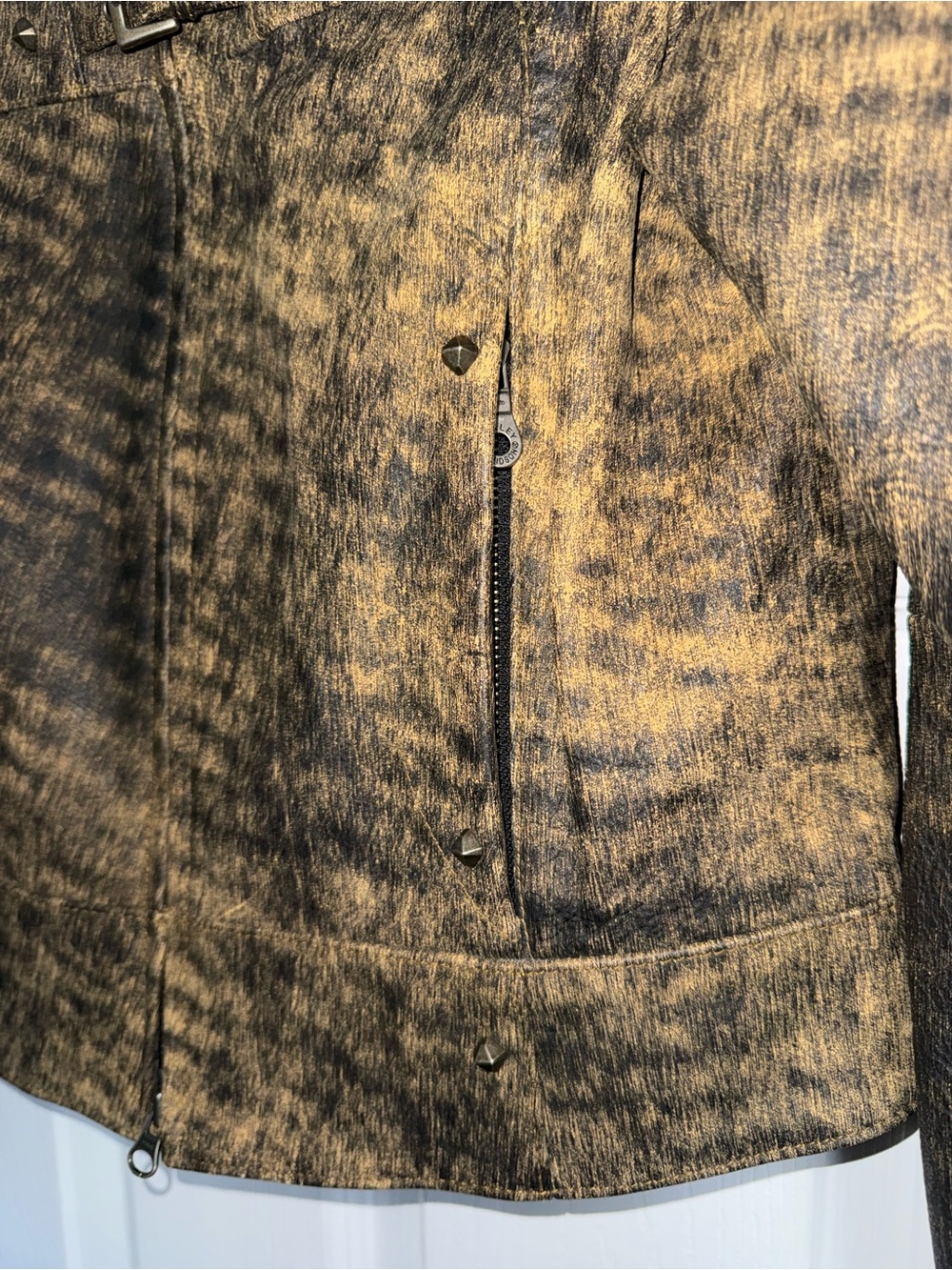 HARLEY DAVIDSON Vintage Distressed Tiger Stripe Leather Stud Riding Zip Jacket S - Picture 5 of 13